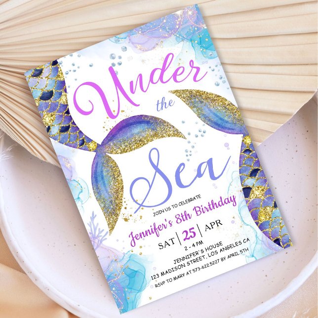 Mermaid 8th Birthday Girl Pink Gold Under the Sea  Invitation (Creator Uploaded)