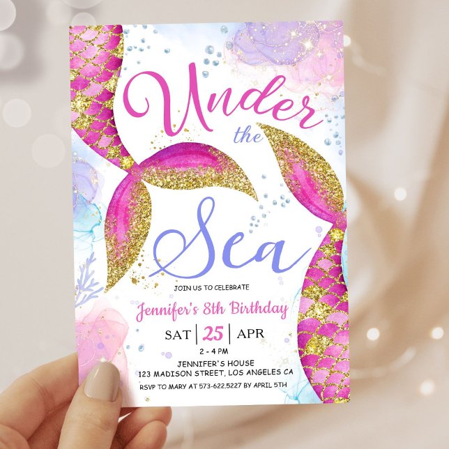 Mermaid 8th Birthday Party Pink Girl Under the Sea Invitation (Creator Uploaded)
