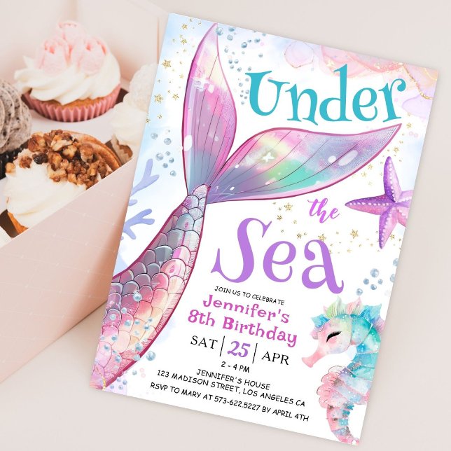 Mermaid 8th Birthday Under The Sea Pink Purple Invitation (Creator Uploaded)