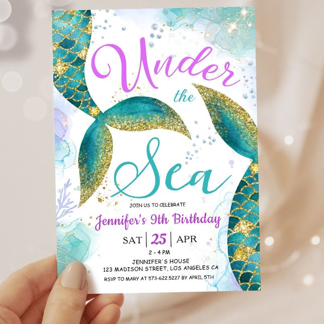Mermaid 9th Birthday Girl Pink Teal Under the Sea Invitation (Creator Uploaded)