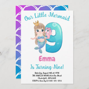 Mermaid 9th Birthday Party Invitation