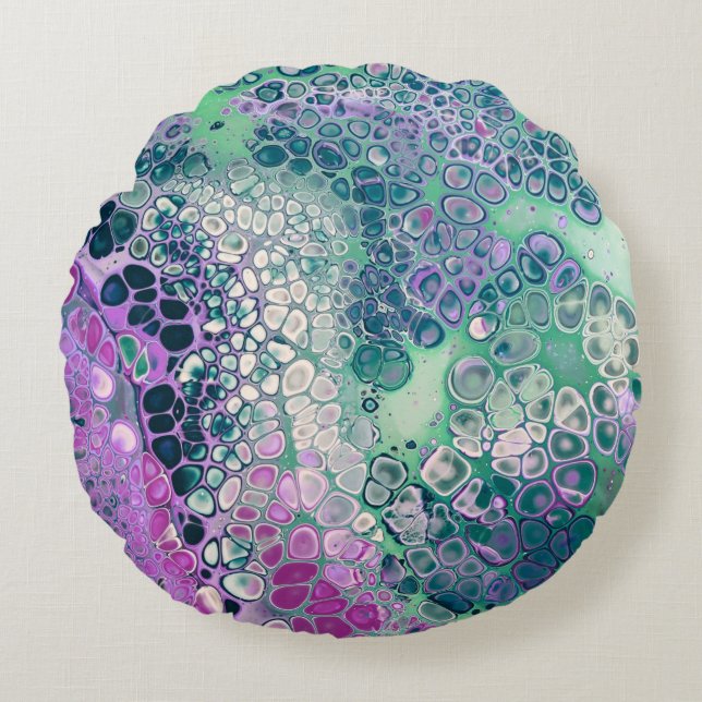 Mermaid Acrylic Pour, Cool Colourful Abstract Round Cushion (Front)