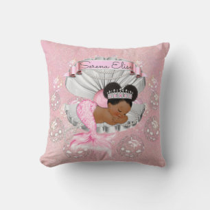 Mermaid African American Baby Pink Shell Pearls Cushion