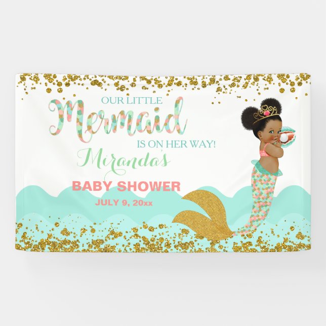 Mermaid African American Girl Coral Mint Gold Banner (Horizontal)