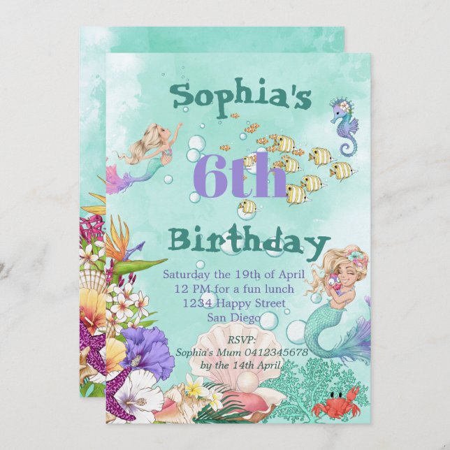Mermaid Age Cute Green Under The Sea Birthday Invitation (Front/Back)