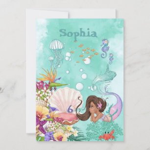 Mermaid Age Dark Hair Under The Sea Birthday Invitation