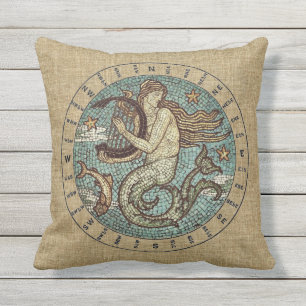 MERMAID AND COMPASS OUTDOOR PILLOW - 16" square