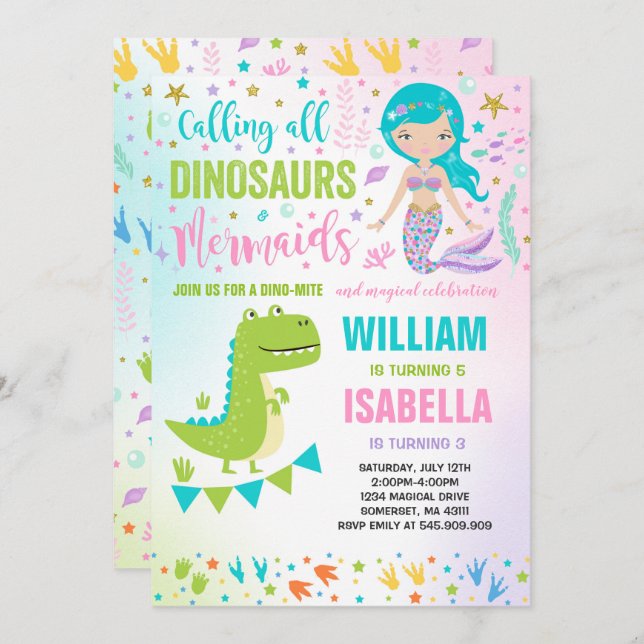 Mermaid And Dinosaur Birthday Invitation Magical (Front/Back)