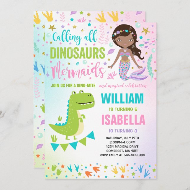 Mermaid And Dinosaur Birthday Invitation Magical (Front/Back)