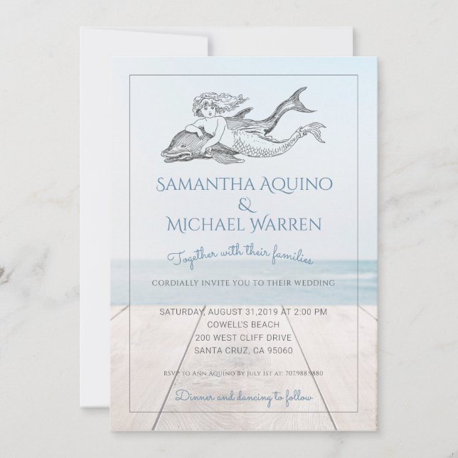 Mermaid And Dolphin Beach Wedding Invitation (Front)