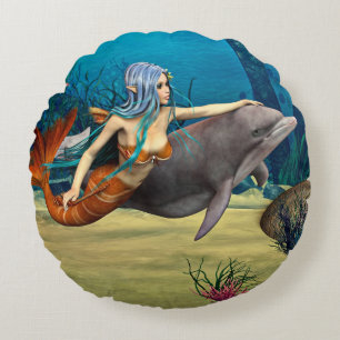 Mermaid and Dolphin Round Cushion