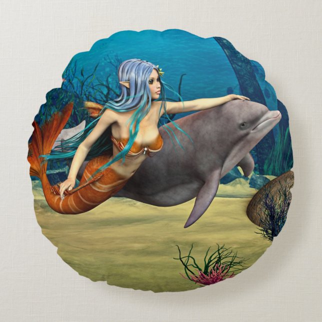 Mermaid and Dolphin Round Cushion (Front)
