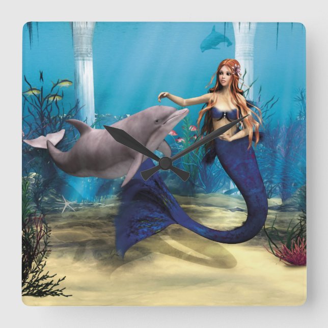 Mermaid and Dolphin Square Wall Clock (Front)