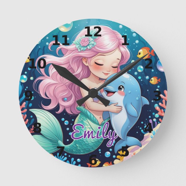 Mermaid and Dolphin Wall Clock – Personalised (Front)