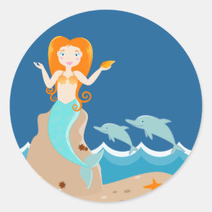 Mermaid  and dolphins under the sea birthday party classic round sticker