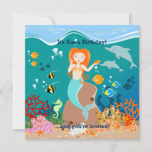 Mermaid  and dolphins under the sea birthday party invitation