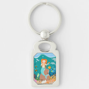 Mermaid and dolphins under the sea birthday party key ring