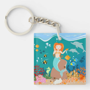 Mermaid  and dolphins under the sea birthday party key ring