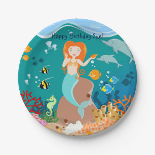 Mermaid  and dolphins under the sea birthday party paper plate