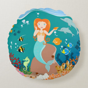 Mermaid  and dolphins under the sea birthday party round cushion