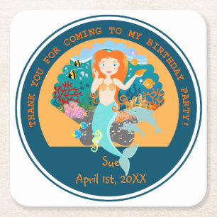 Mermaid  and dolphins under the sea birthday party square paper coaster