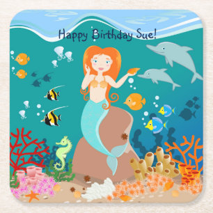 Mermaid and dolphins under the sea birthday party square paper coaster