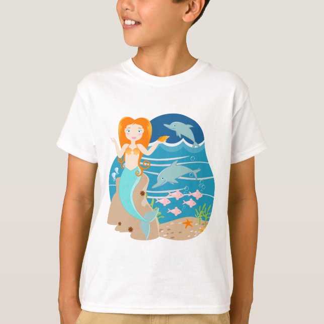Mermaid  and dolphins under the sea birthday party T-Shirt (Front)
