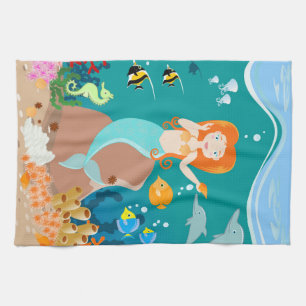 Mermaid and dolphins under the sea birthday party tea towel