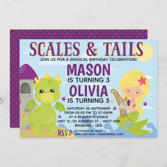 Mermaid and Dragon Birthday Invitation (Front/Back)