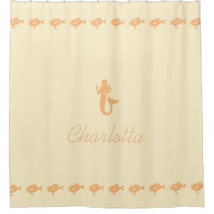 Mermaid and Fish Peach Maritime Symbols with Name Shower Curtain