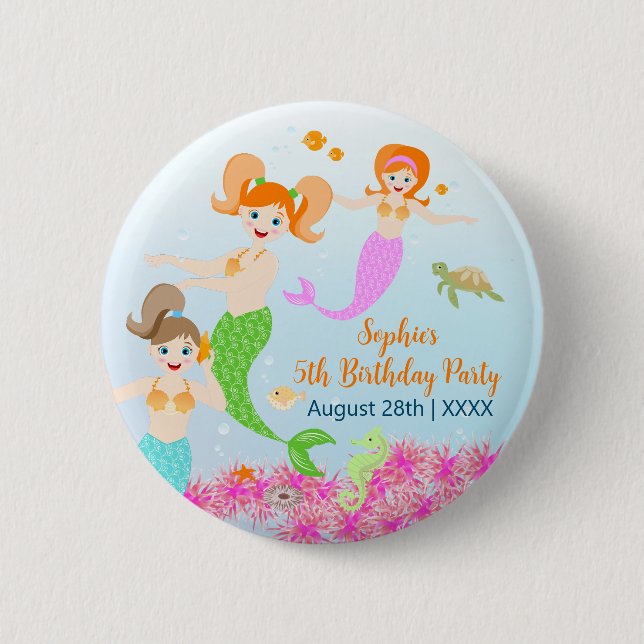 Mermaid and friends girly Birthday Party 6 Cm Round Badge (Front)