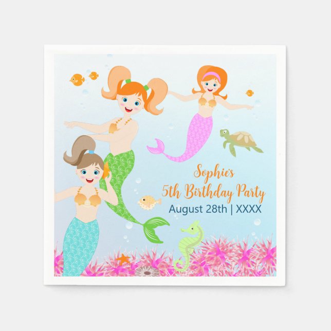 Mermaid and friends girly Birthday Party Napkin (Front)