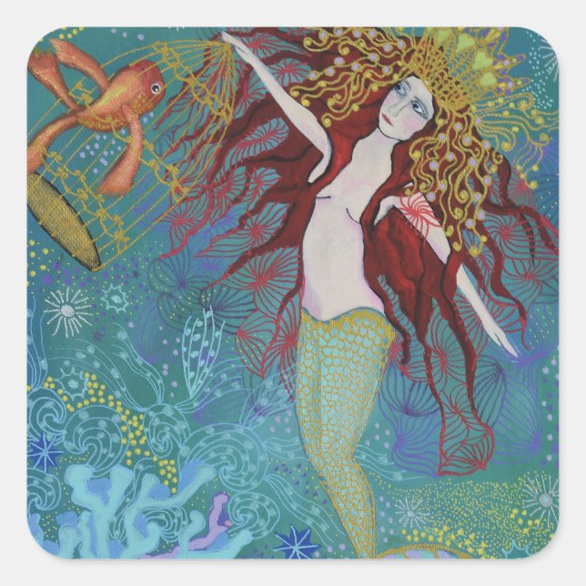 Mermaid and her pet Faux Wrapped Canvas Print Square Sticker (Front)