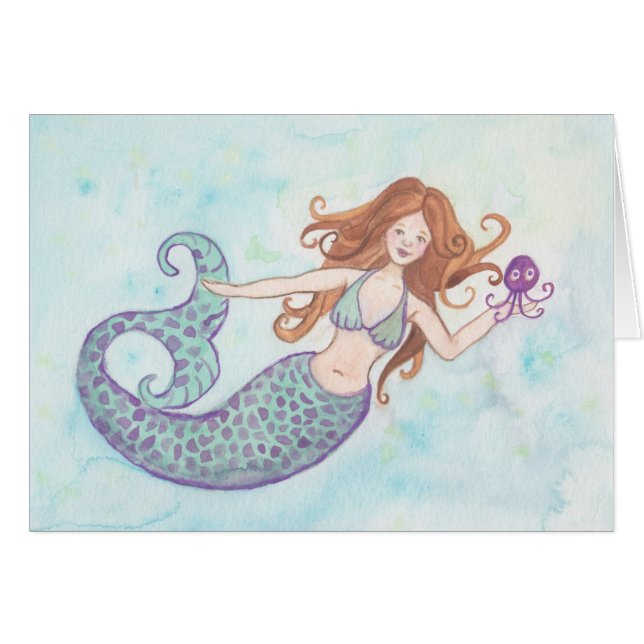 Mermaid and Octopus Greeting Card (Front Horizontal)