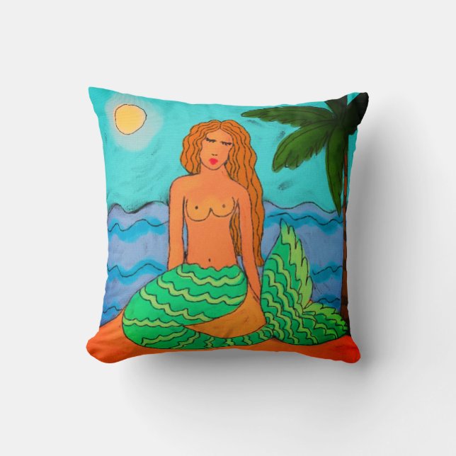 Mermaid and Palm Tree Abstract Art Cushion (Front)