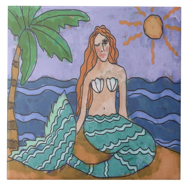 Mermaid and Palm Tree Abstract Art Tile (Front)