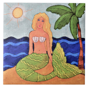 Mermaid and Palm Tree Abstract Digital Painting Tile