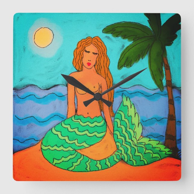 Mermaid and Palm Tree Abstract Painting Square Wall Clock (Front)