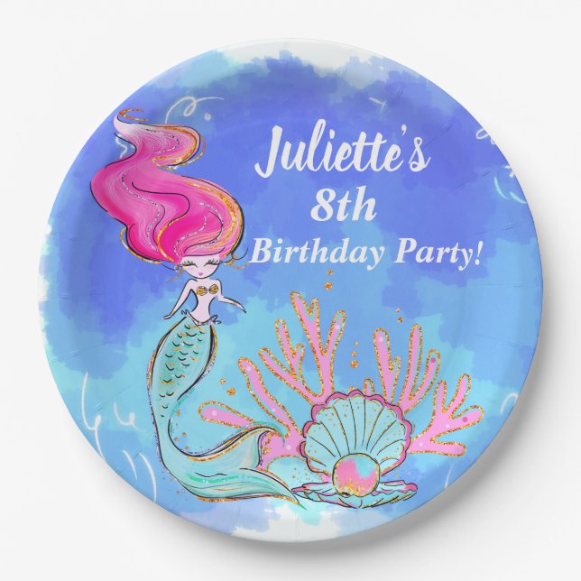 Mermaid And Pearl Clam Birthday  Paper Plate (Front)