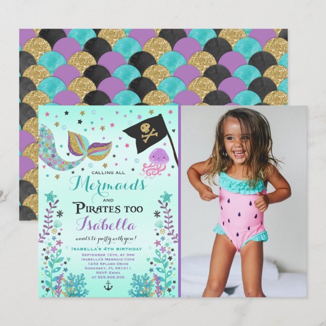Mermaid And Pirate Birthday Invitation (Front/Back)