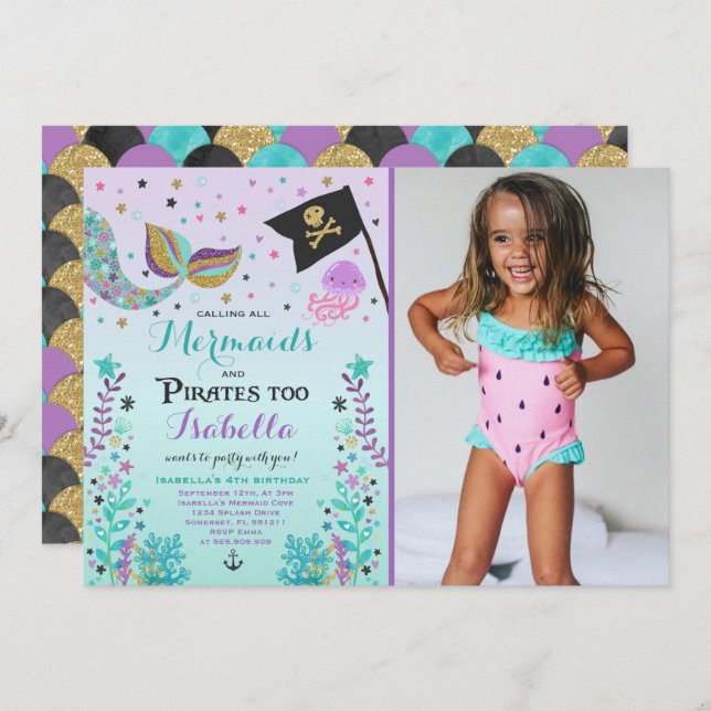Mermaid And Pirate Birthday Invitation (Front/Back)