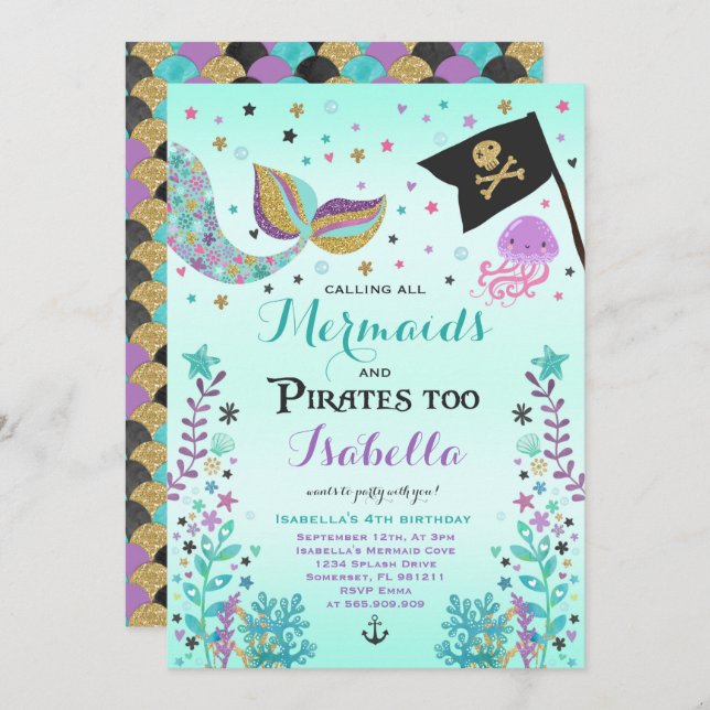 Mermaid And Pirate Birthday Invitation (Front/Back)