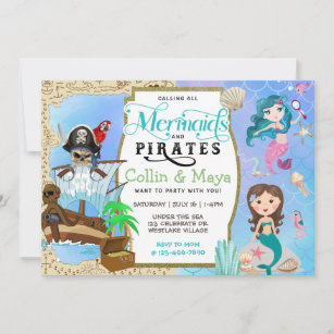 Mermaid And Pirate Birthday, Joint Birthday Invite