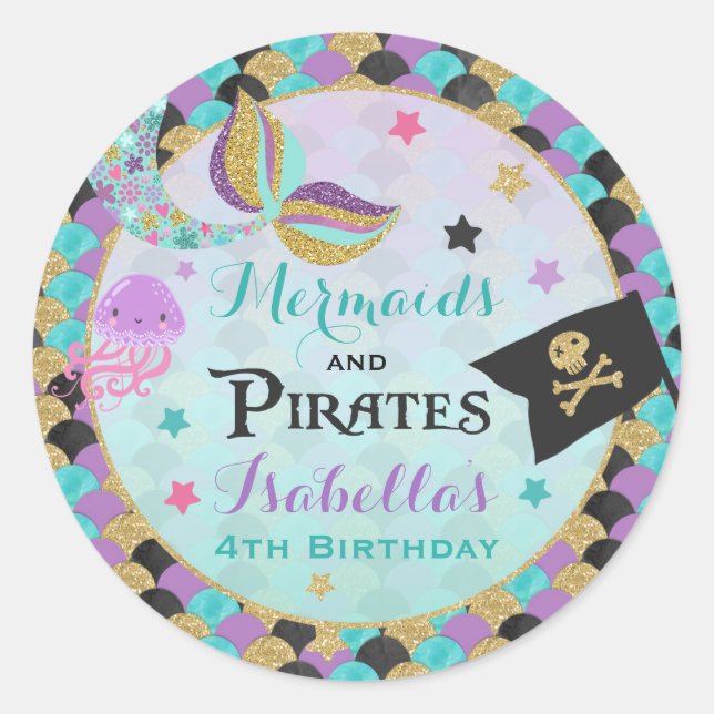 Mermaid And Pirate Party Favour Tag Sticker Seal (Front)