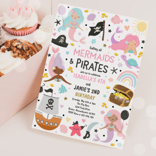 Mermaid And Pirate Sibling Joint Birthday Party  Invitation
