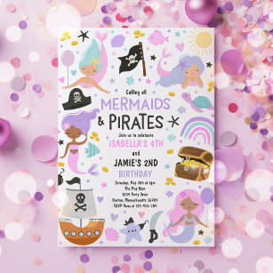 Mermaid And Pirate Sibling Joint Birthday Party  Invitation