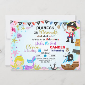Mermaid and pirate siblings invitation. invitation
