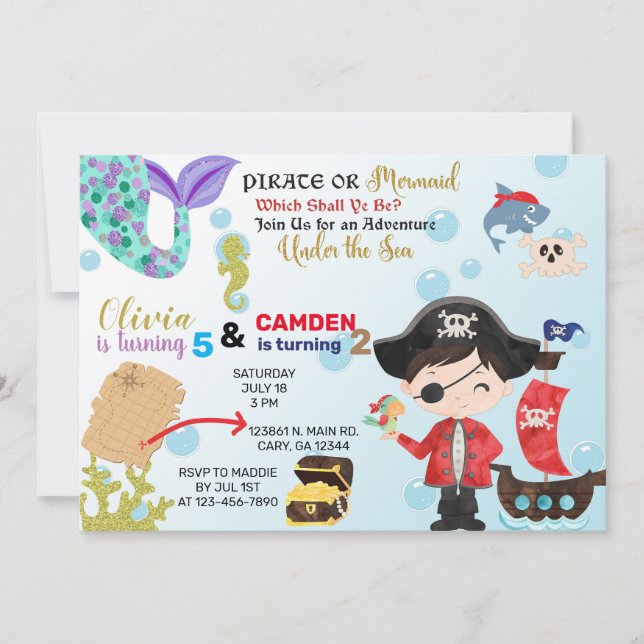 Mermaid and pirate siblings invitation. invitation (Front)