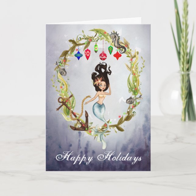 Mermaid and Sea Life Christmas Wreath Beach Holiday Card (Front)