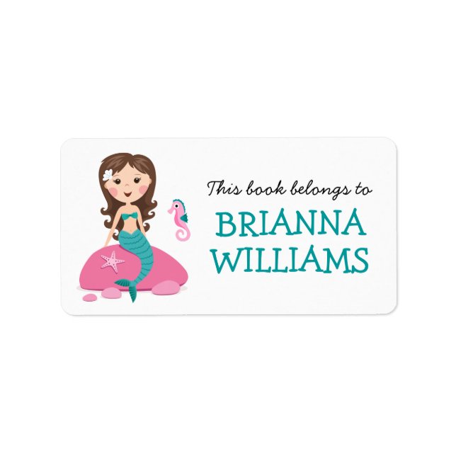 Mermaid and seahorse bookplate book label (Front)